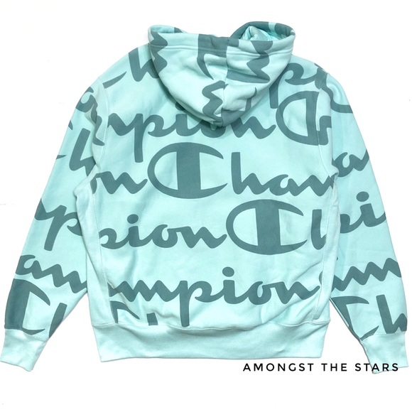 Champion Reverse Weave AOP Script Logo Mint Hoodie - Picture 5 of 5